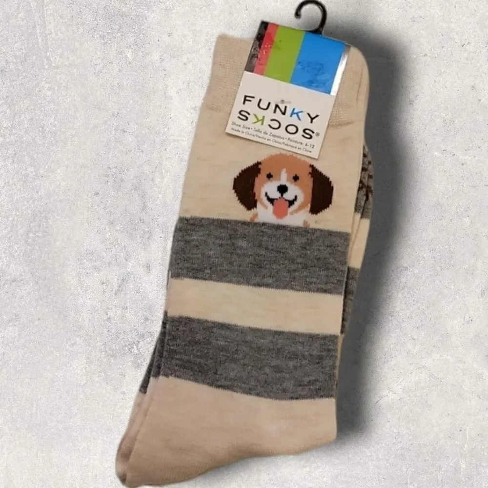 𝅺FUNKY SOCKS MEN'S PUPPY DOG STRIPED CREW SOCKS,  NEW WITH TAGS!